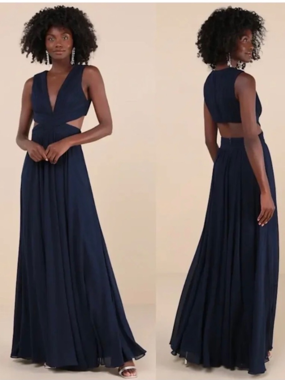 NWOT LULUS VIVID IMAGINATION NAVY CHIFFON MAXI DRESS S